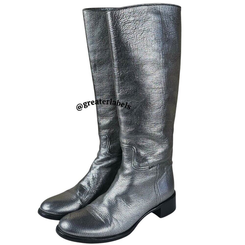 PRADA  Pebbled Leather Knee-High Riding Boots Metallic Pewter Size 37.5